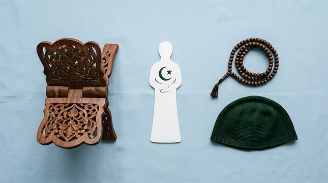 A collection of traditional islamic prayer items including a wooden stamp a white figurine and prayer beads