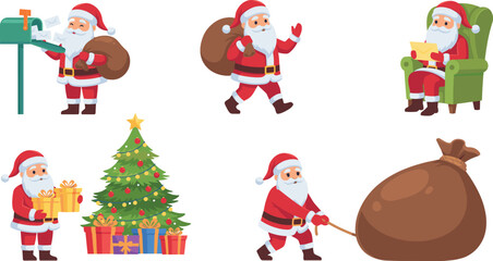 Fototapeta premium Cute Santa Claus character set showing various holiday activities like reading letters and pulling huge sack