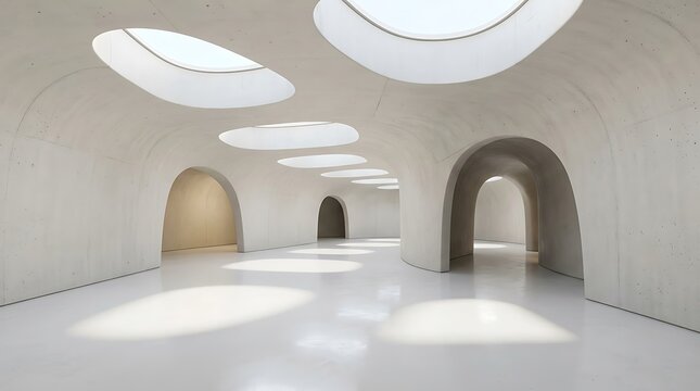 Modern architectural interior featuring minimalist curved walls arched doorways and soft natural light from circular ceiling skylights above