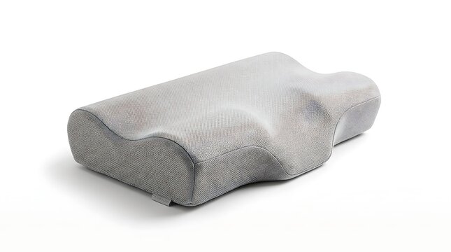 Ergonomic orthopedic memory foam pillow with a textured grey cover isolated on a clean white studio background