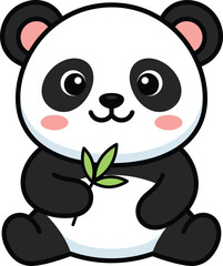 Cute kawaii giant panda bear sitting and holding bamboo leaves cartoon vector illustration © Lalchan