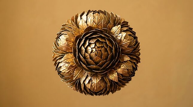 An intricate antique gold brooch featuring a detailed floral design isolated against a soft warm brown background