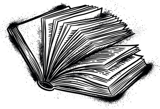Vintage sketch of an open book vector illustration featuring hand drawn woodcut hatching details and ink splatter textures