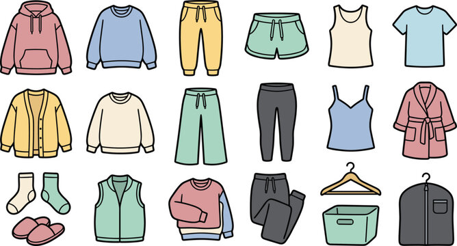 Casual loungewear and activewear fashion clothing vector illustration collection with wardrobe accessories