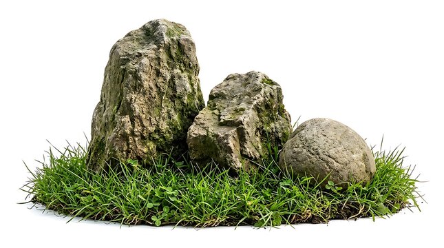 Three natural textured stones arranged together on a patch of lush green grass isolated on white background