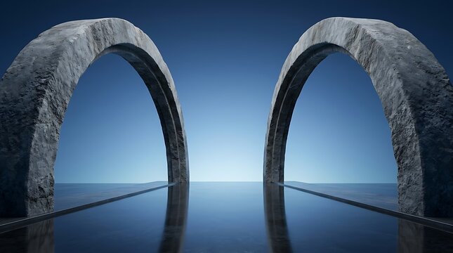 Two massive stone archways standing on a reflective dark surface against a deep blue gradient sky background