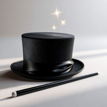 Elegant black magician?s top hat and wand with sparkling stars on soft gray background symbolizing illusion and magic performance creativity