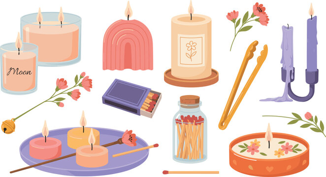 Cozy scented candles aromatheraphy set with matches flowers snuffer and candlesticks vector illustration elements isolated on white background