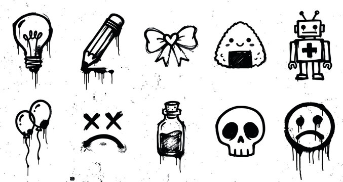 Graffiti style stencil elements vector set featuring dripping lightbulb blue pencil bow robot balloons skull and sad face icons
