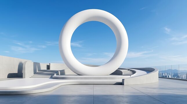 A large white circular sculpture standing on a modern concrete plaza under a clear bright blue sky