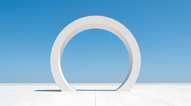 A large white circular sculpture standing on a snowy field against a clear bright blue winter sky
