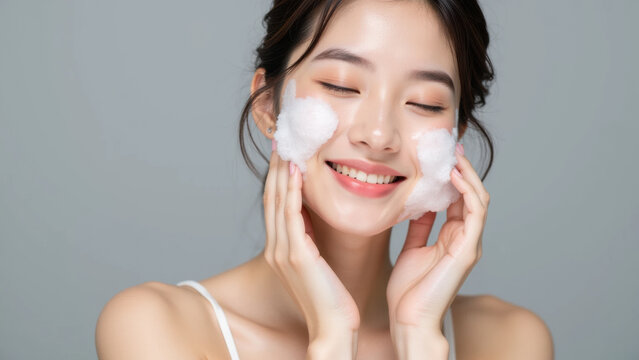 Young woman skincare foam face beauty smile clean portrait enjoying gentle facial cleansing against gray studio background