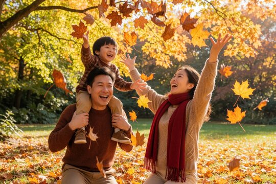 Asian family plays with golden leaves in park during fall season. Father carries son on shoulders while mother laughs. People enjoy autumn outdoors.