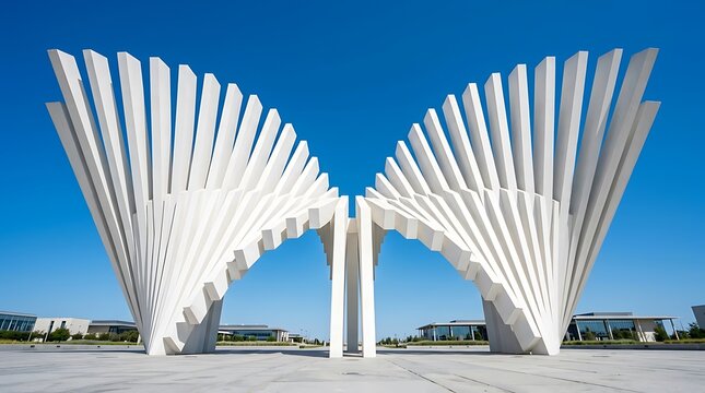 A large modern white sculpture shaped like butterfly wings standing in an open plaza against a blue sky