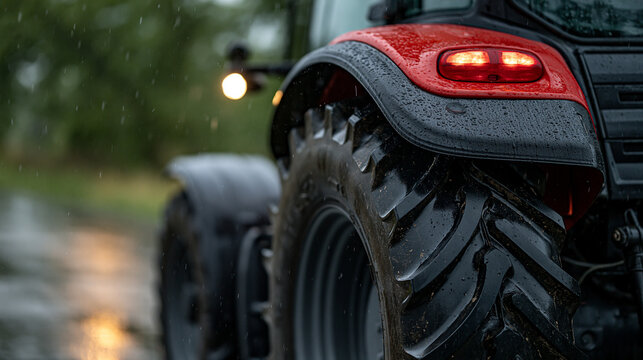 Red tractor tire with deep treads standing on wet ground during a rainy day, showing water drops covering the fender and a glowing tail light, copy space