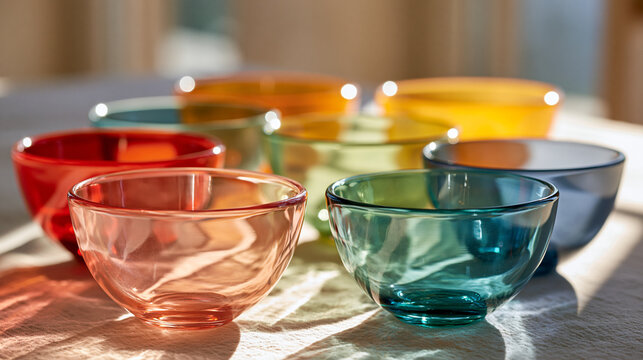 Colorful glass bowls displaying an array of vibrant hues and translucent qualities. Casting dynamic shadows and light patterns across a white linen tabletop