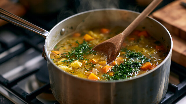 Homemade vegetable soup simmering on a stovetop, cooking with a wooden spoon and fresh herbs, offering a warm, healthy, and delicious meal