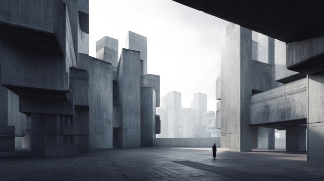 Futuristic dystopian brutalist architecture city with massive concrete buildings
