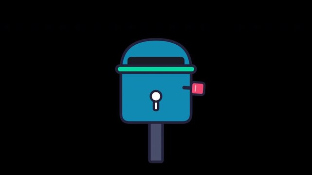 Mail delivery animation on transparent background, 16:9 widescreen format with dropping letter into postbox and raising flag.