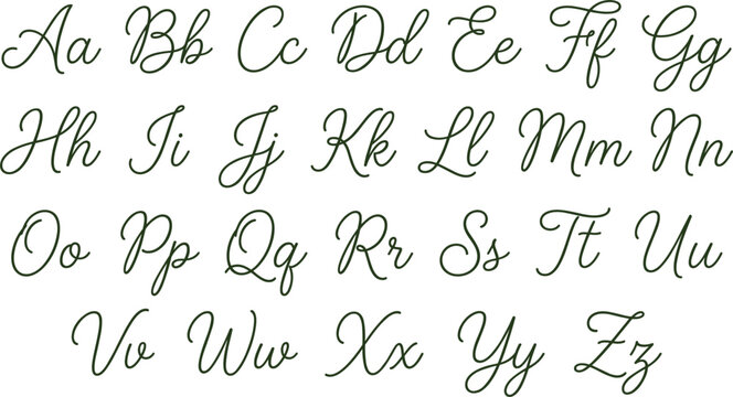 Green cursive calligraphic alphabet set uppercase and lowercase script letters vector illustration