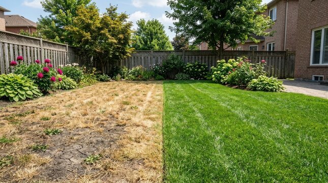 Healthy green lawn and dry yellow grass in a split backyard.