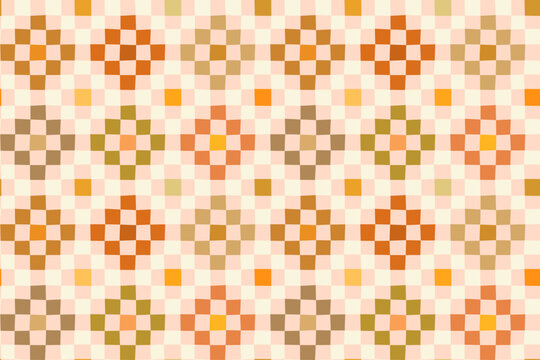 Warm autumn colors geometric quilt seamless vector pattern, Checkerboard flower patchwork squares repeat, Cozy farmhouse Thanksgiving fabric design