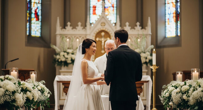 the moment of the wedding blessing ceremony in front of the church altar