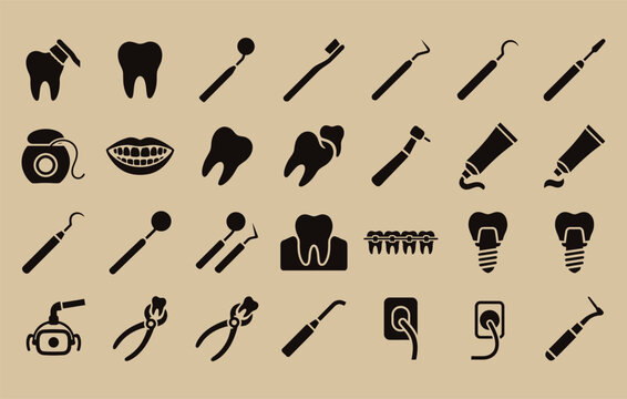 Tooth health and dental surgery elements vector pack including periodontal probe crown dental implant orthodontic braces and medical light perfect for healthcare poster design
