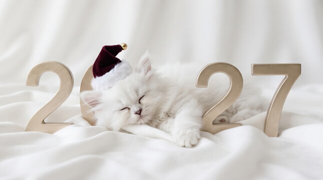 white fluffy kitten sleeping in santa hat between golden 2027 numbers on soft white bed