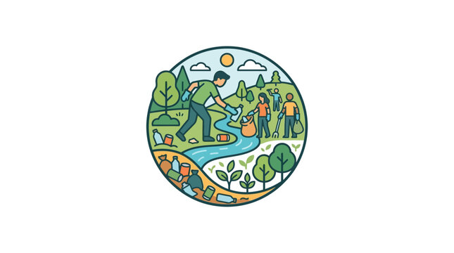 Person cleaning litter from river in circular badge.
