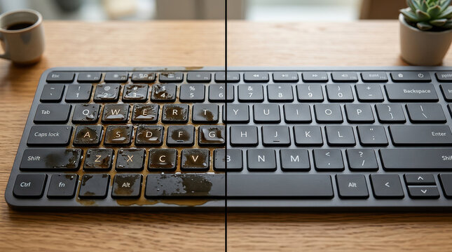 Spilled Coffee on Laptop Keyboard Before and After Cleaning Solution.