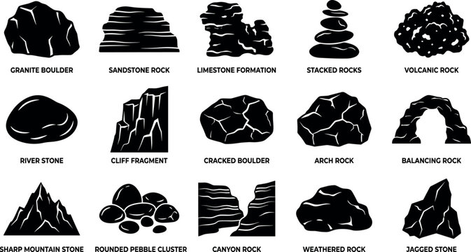 Geological rock formation and mountain stone vector silhouette icon set featuring granite boulder sandstone cliff canyon and stacked pebbles.