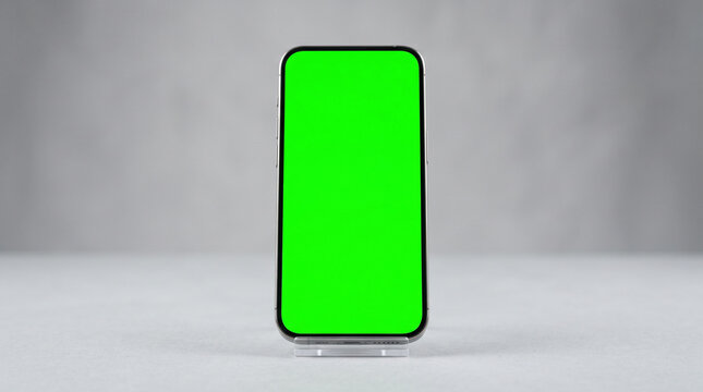 Smartphone with green screen display stands on a light gray surface