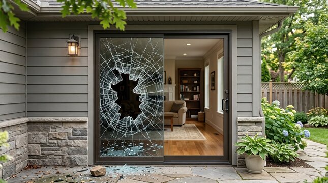 Broken Glass Sliding Door of Residential Home After Vandalism Incident