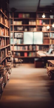 Blurred interior view of a vintage public library filled with rows of wooden bookshelves and study.