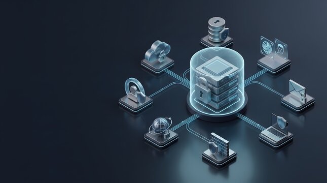 Cybersecurity and Data Protection Concept 3D Isometric Illustration of Secure Server Network with Firewall Cloud Database and Biometric Security Icons