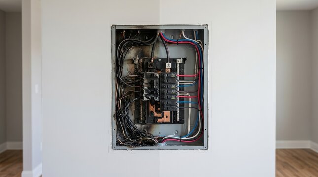 Close Up of Burnt Electrical Panel Damage in Wall