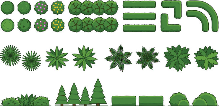 Top View Green Trees and Bush Hedges Vector Collection with Pine Trees and Garden Shrubs for Landscape Plan Architecture Maps and Graphic Designs
