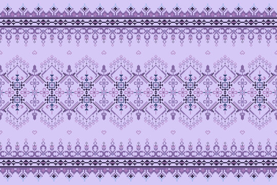 Pixelated ornamental border in lavender and lilac with layered floral, geometric, and hanging motifs, framed by delicate linear accents on a soft purple background.
