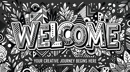Fototapeta premium Hand-drawn welcome banner with doodle art, monochrome creative journey lettering, black and white floral pattern vector illustration