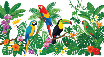 Obraz premium Tropical Bird Collection with Parrots, Toucan, Cockatoo, Jungle Leaves, Exotic Flowers and Rainforest Wildlife Flat Vector Illustration Set