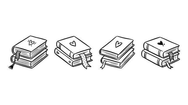 Book stack icon set in a hand drawn doodle style including reading journals and novels with heart symbols and bookmarks.