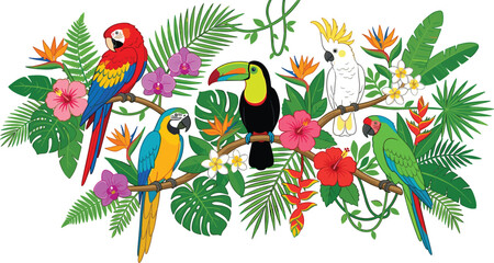 Obraz premium Tropical Birds and Exotic Flower Arrangement with Parrots, Toucan, Cockatoo, Jungle Leaves and Colorful Floral Flat Vector Illustration Collection