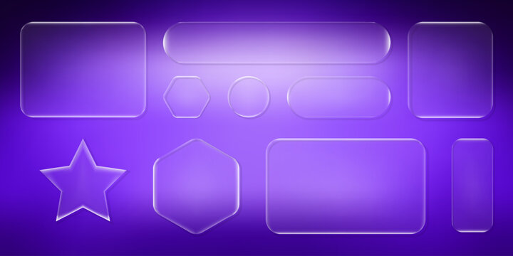 Set of transparent glass shapes including rectangles, circles, hexagons, and stars with soft lighting and reflections on a purple background, useful for UI design and web elements.