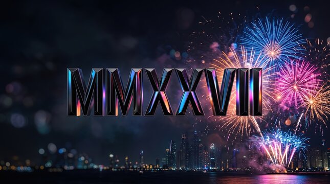 three dimensional roman numerals mmxxvii representing 2027 over a night city skyline with colorful fireworks