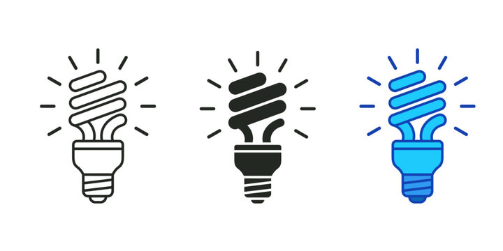 Three spiral light bulb icons featuring black outline solid black and blue gradient styles for energy efficiency concept graphic design assets.