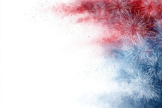 Red and blue fireworks bursting against a white background with colorful smoke and paint splatter effects creating a festive celebration atmosphere