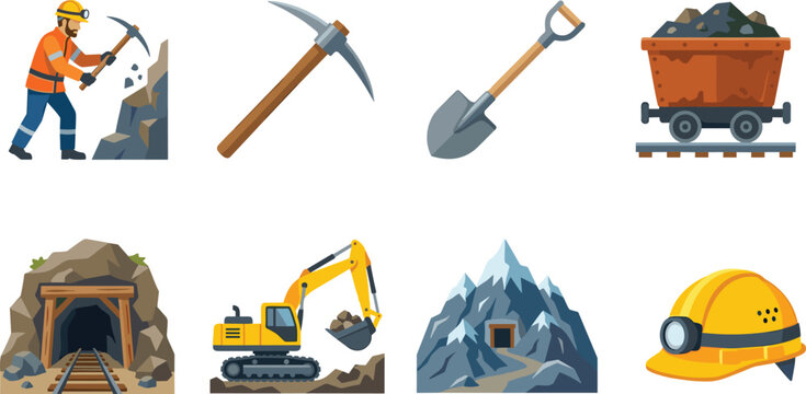Mining industry vector icons set with tools, equipment, and excavation elements for commercial use
