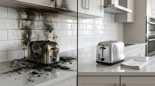 Split Image Comparing Fire Damaged Toaster with Clean and Safe Kitchen Counter