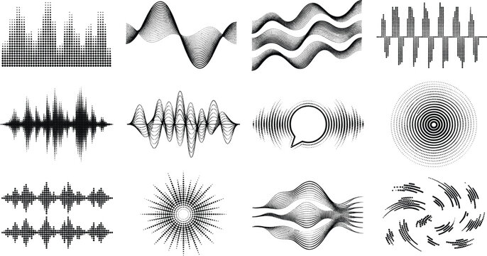 Abstract sound wave collection, audio waveform, voice visualization, halftone signal, and digital frequency vector illustration set